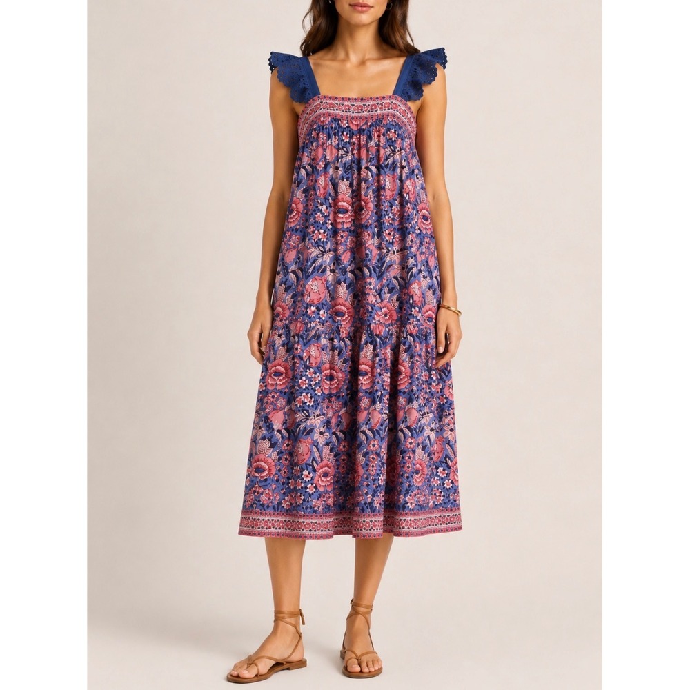 Bell by Alicia Bell Floral Block Print Silk Blend Midi Dress Pink Blue Large